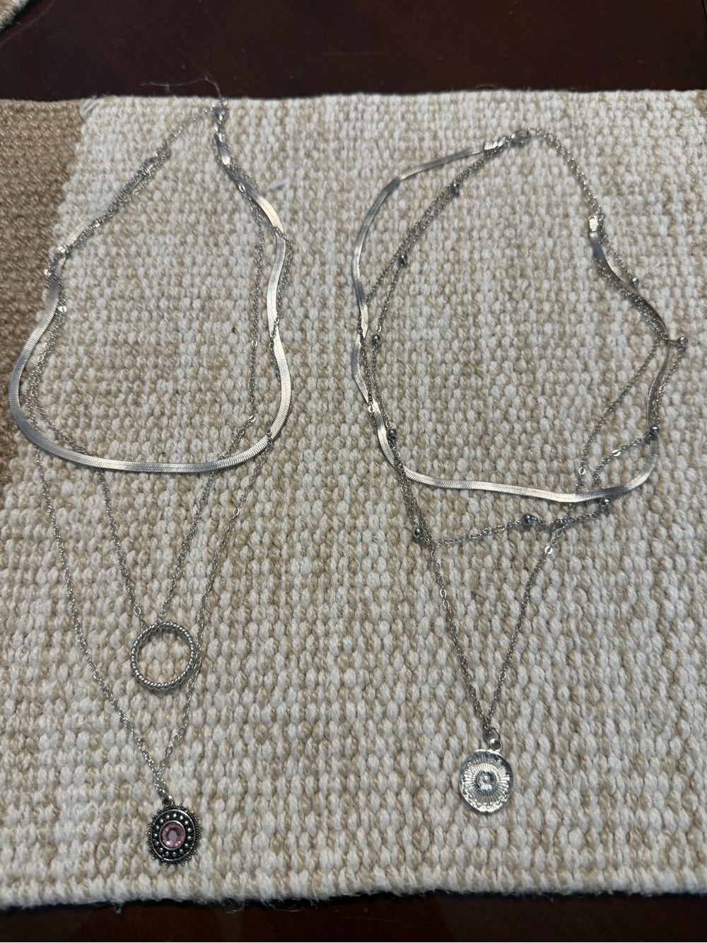 Silver-Tone Layered Pendant Necklaces (2) with Crystal Accents